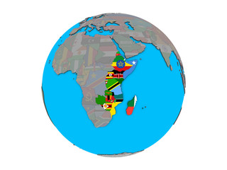 East Africa with embedded national flags on blue political 3D globe. 3D illustration isolated on white background.