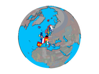 Naklejka premium Western Europe with embedded national flags on blue political 3D globe. 3D illustration isolated on white background.
