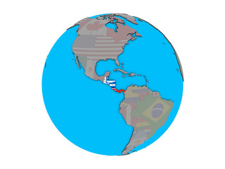 Central America with embedded national flags on blue political 3D globe. 3D illustration isolated on white background.