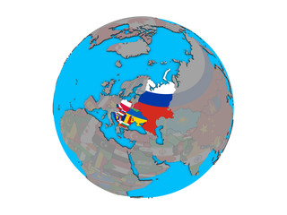 Eastern Europe with embedded national flags on blue political 3D globe. 3D illustration isolated on white background.