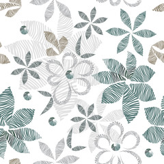 Vector floral seamless stylish pattern, hatched vintage decorative light flowers and leaves of simple shape on white background, stylized illustration.