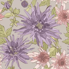 Badezimmer Foto Rückwand Vector seamless pattern with flowers and leaves. Autumn floral texture.  Hand drawn botanical vector illustration with dahlia, aster flowers and wildflowers.   © j_bunina