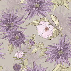 Vintage vector seamless pattern with aster flowers, tea rose, dahlia flowers and wildflowers. Autumn floral pattern. Hand drawn botanical vector illustration.  