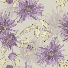 Vector seamless pattern with flowers and leaves. Autumn floral texture.  Hand drawn botanical vector illustration with dahlia, aster flowers and wildflowers.  