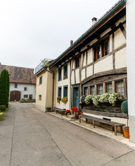Fototapeta premium Neunkirch, SH / Switzerland - November 10, 2018: historic village of Neunkirch in the Klettgau with details of the typical architectural style and historic buildings