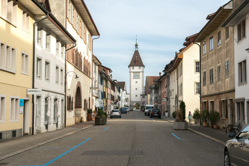 Fototapeta na wymiar Neunkirch, SH / Switzerland - November 10, 2018: historic village of Neunkirch almost completely empty on an early weekend morning with landmarks and historic town center deserted
