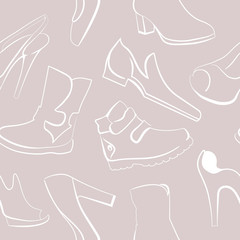 Vector background for wrapping paper, packaging design in shoe production. Drawing white outline of shoes, shoes, boots for women, men and children
