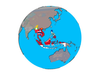 ASEAN memeber states with embedded national flags on blue political 3D globe. 3D illustration isolated on white background.