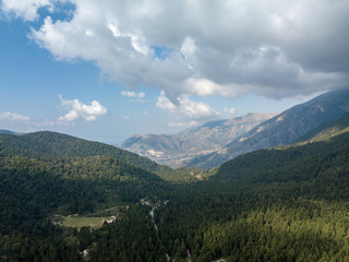 Aerial view of Albanian landscape and mountains along the Albanian Riviera.  Beautiful forest location with Albanian Alps in background
