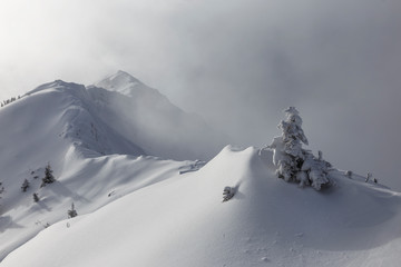 Mountain landscape. Fog and clouds on top. Snow-covered slopes. Black and white picture.
