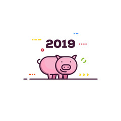 Line style new year pig. 2019 chinese year of the pig. Happy pink piggy smiling. Abstract elements and lines.