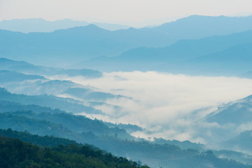 Layer of rainforest hills and morning fog over the valley in Borneo