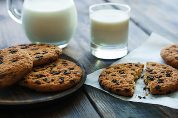 Chocolate chip cookies and fresh milk, sweet homemade biscuits, handcrafted pastry, family weekend breakfast
