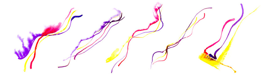  Set of five graphic multicolored lines using bloat effect and ink isolated on white.