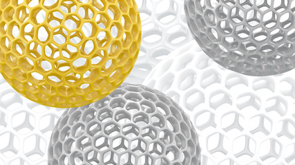 3d spheres with holes. Perforated balls background. Abstract wallpaper. Flying bubbles. Trendy modern illustration. 3d rendering. Cell. Gold. Silver. Poster backdrop.
