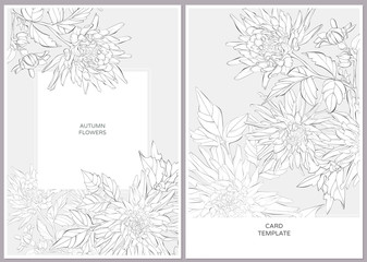 Wedding invitation card template design, dahlia flowers and leaves, vintage style. Card for Mother's Day.