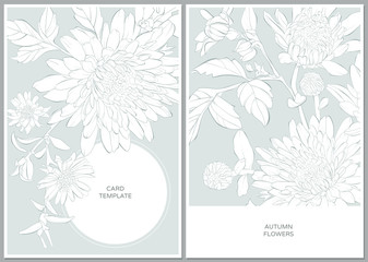 Wedding invitation card template design, dahlia flowers and leaves, vintage style. Card for Mother's Day.