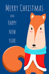 Christmas greeting card and cute Fox character. Merry Christmas and Happy New Year.