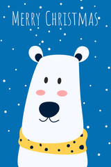 Christmas greeting card and cute Polar bear with yellow scarf character. Merry Christmas and Happy New Year.