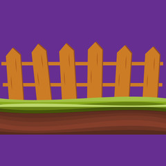 Cartoon rural wooden fence in green grass vector illustration. Wood farm fence outdoor.