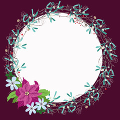 Floral round frame from lovely branches of mistletoe. Greeting card template. Design artwork for the poster, tee shirt, pillow, home decor. Christmas background
