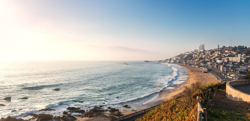 Panoramic aerial view of Renaca Beach at sunset - Vina del Mar, Chile