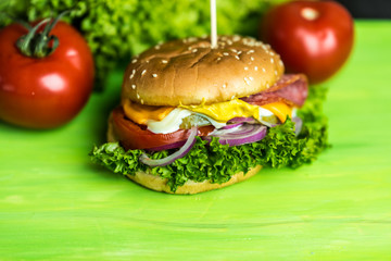 tasty cheesburger with a large number of vegetables, mustard, mayonnaise, salami and purple onion rings