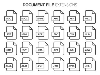 Flat style icon set. Document, text file type, extencion. Document format. Pictogram.