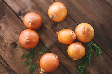 Onion and parsley on a wooden table