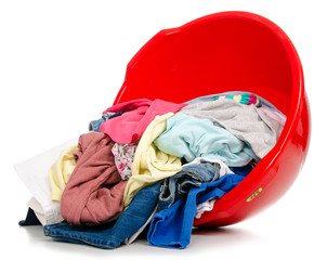 Basket plastic basin with clothes laundry on white background isolation