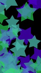 Multicolored translucent stars on a dark background. Vertical image orientation. 3D illustration