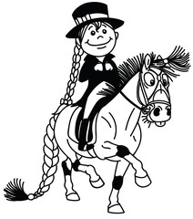 cartoon girl riding a pony horse. Funny equestrian dressage sport .Black and white outline isolated vector illustration 
