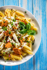 Pasta carbonara and vegetables