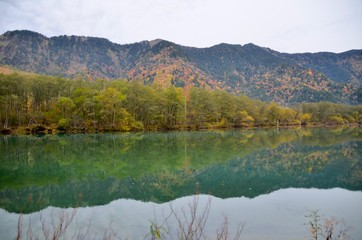 Natural landscape view of the autumn red-orange color forest with the reflection on the lake surface