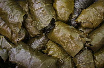 Fototapeta na wymiar Delicious homemade stuffed grape leaves, the traditional dolma of the mediterranean cuisine in a cooking pot.