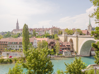 Fototapeta premium Cityscape view on the old town with river and bridge in Bern city in Switzerland