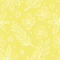 Fototapeta na wymiar Seamless pattern with branches of leaves and flowers in the style of the sketch. Monochrome vector illustration on yellow background.