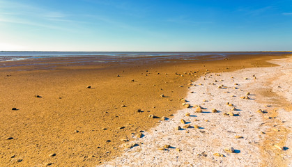 Camargue - ausgetrocknetes salziges Schwemmland in ocker und weiß mit weitem blauen Himmel