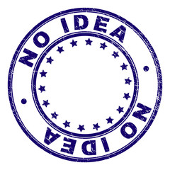 NO IDEA stamp seal watermark with grunge texture. Designed with round shapes and stars. Blue vector rubber print of NO IDEA label with scratched texture.