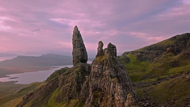 Cinematic flight over the Old Man Of Stor in autumn - Isle of Skye, Scotland