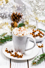 Christmas and New Year Background Breakfast with Croissants and Hot Cocoa with Marshmallows. Selective focus.
