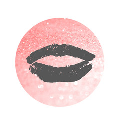Round with pink glitter and women's lips  isolated on white background. Can be used as icon, place for your text, design element