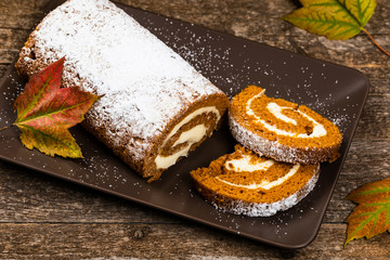 Pumpkin Cake with Cream Cheese Filling. Autumn Baking. Selective focus.