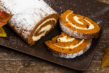 Pumpkin Cake with Cream Cheese Filling. Autumn Baking. Selective focus.