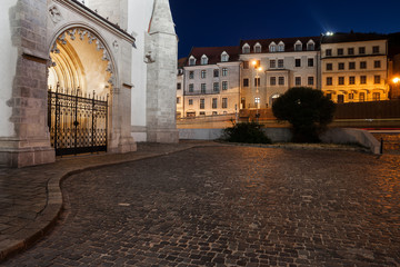 Fototapeta na wymiar Cobblestone Square in Bratislava at Night