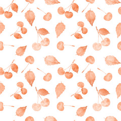 Seamless pattern with beautiful rose gold cherries and leaves on white background. Watercolor painting