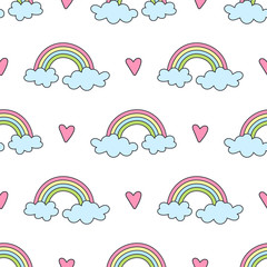 Seamless pattern with rainbows, clouds and hearts