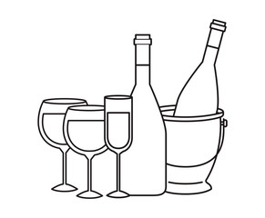 bottle of champagne in cooler with glass cup