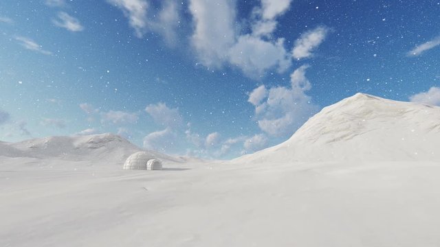 Arctic Igloo against beautiful blue sky, snowing, 4K