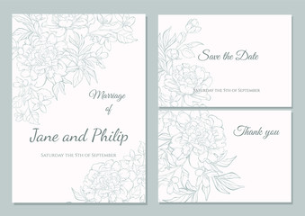 Wedding invitation card template design, bouquets of  peony  and tulip, vintage style. Card for Valentine's day, Mother's day.